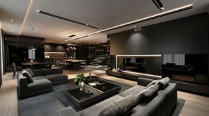 Modern villa interior design featuring a luxurious black-themed living room with ambient lighting