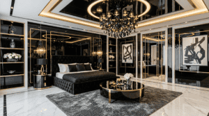 Elite interior design Dubai luxury Art Deco master bedroom with black, white and gold accents