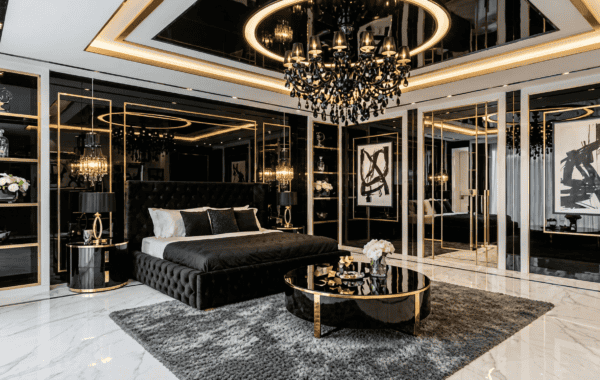 Elite interior design Dubai luxury Art Deco master bedroom with black, white and gold accents