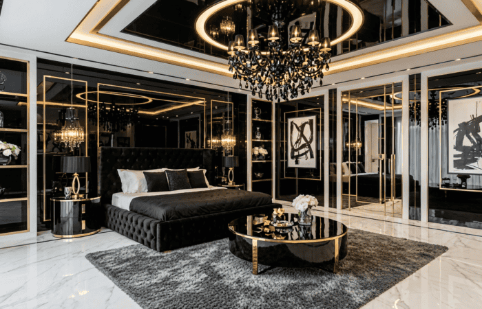 Elite interior design Dubai luxury Art Deco master bedroom with black, white and gold accents