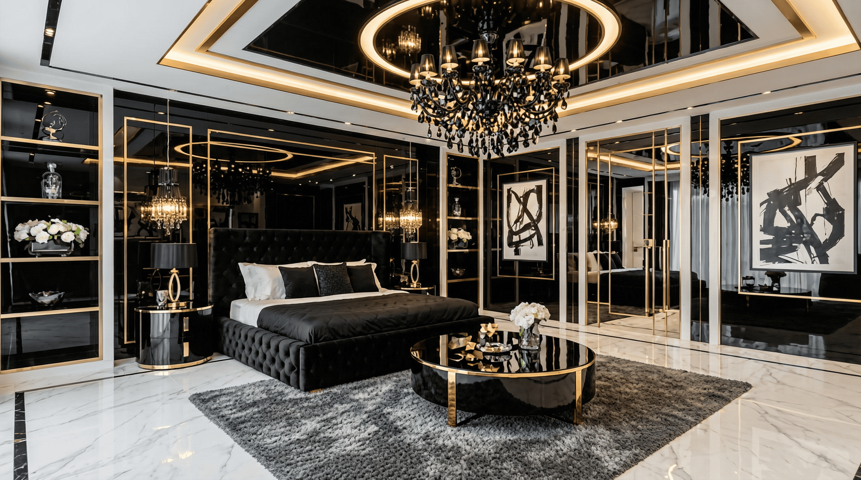 Elite interior design Dubai luxury Art Deco master bedroom with black, white and gold accents