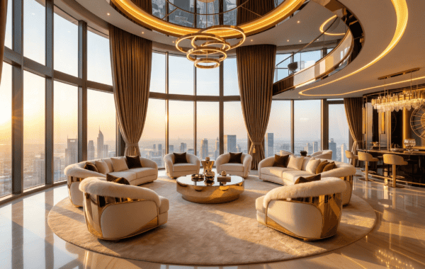 Custom interior design luxury Art Deco penthouse living room with city skyline view