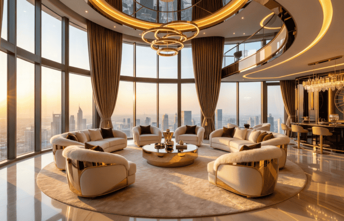 Custom interior design luxury Art Deco penthouse living room with city skyline view