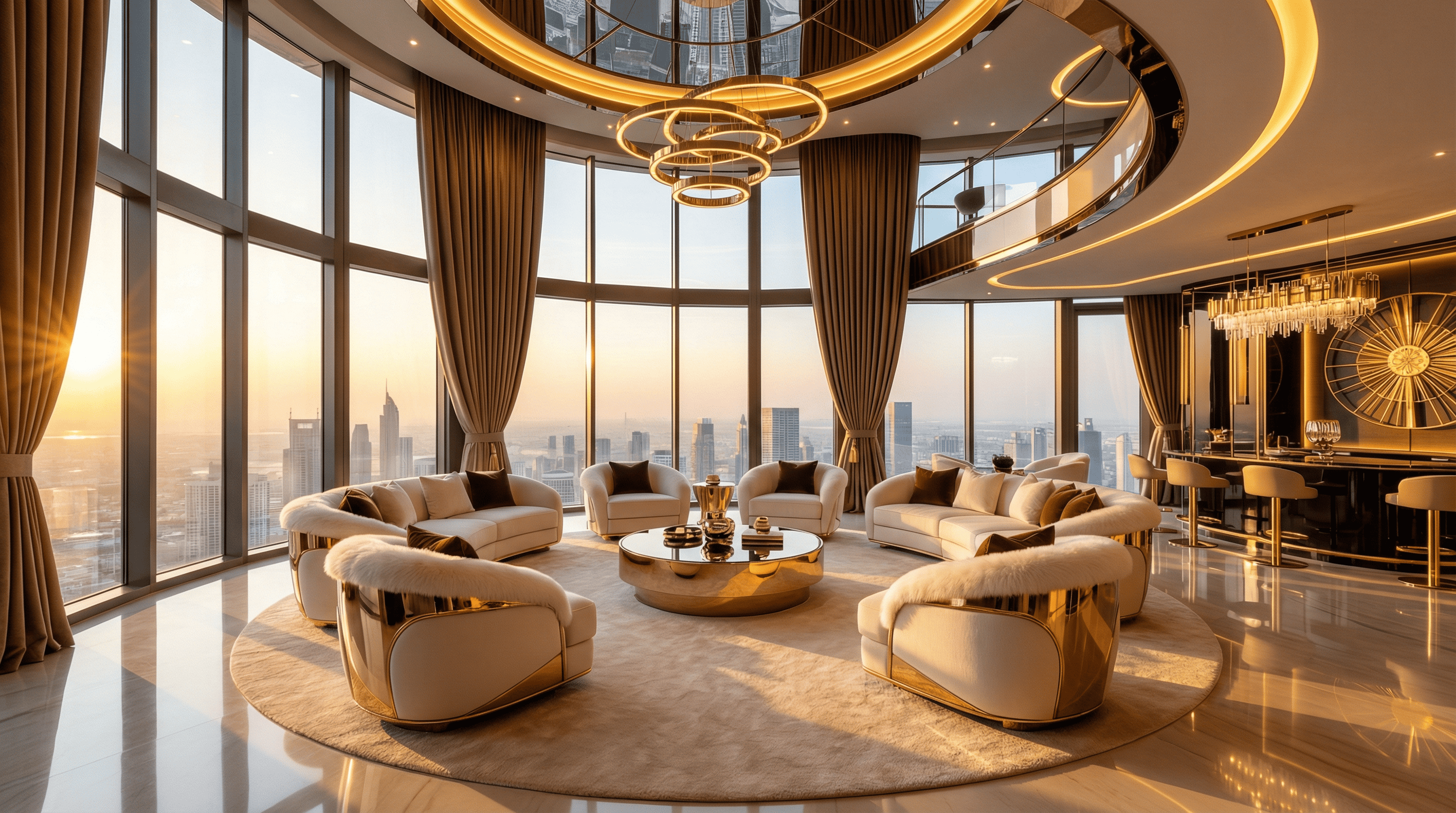 Custom interior design luxury Art Deco penthouse living room with city skyline view